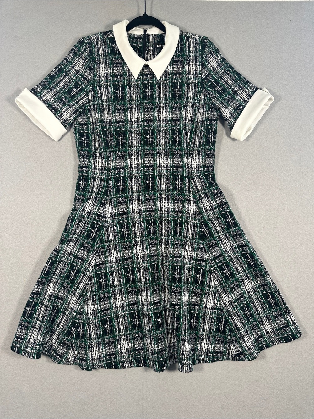 DKNY Green Tweed Plaid Collared Fit & Flare Dress - Size 12 EUC